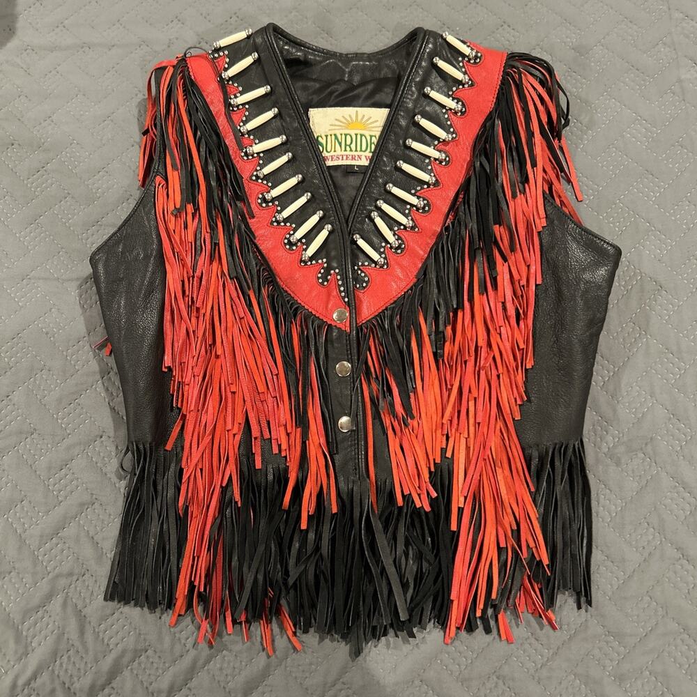 SUNRIDERS Vtg Western Wear Bone Seed Bead Laced Fringe Tassel Leather Jacket L